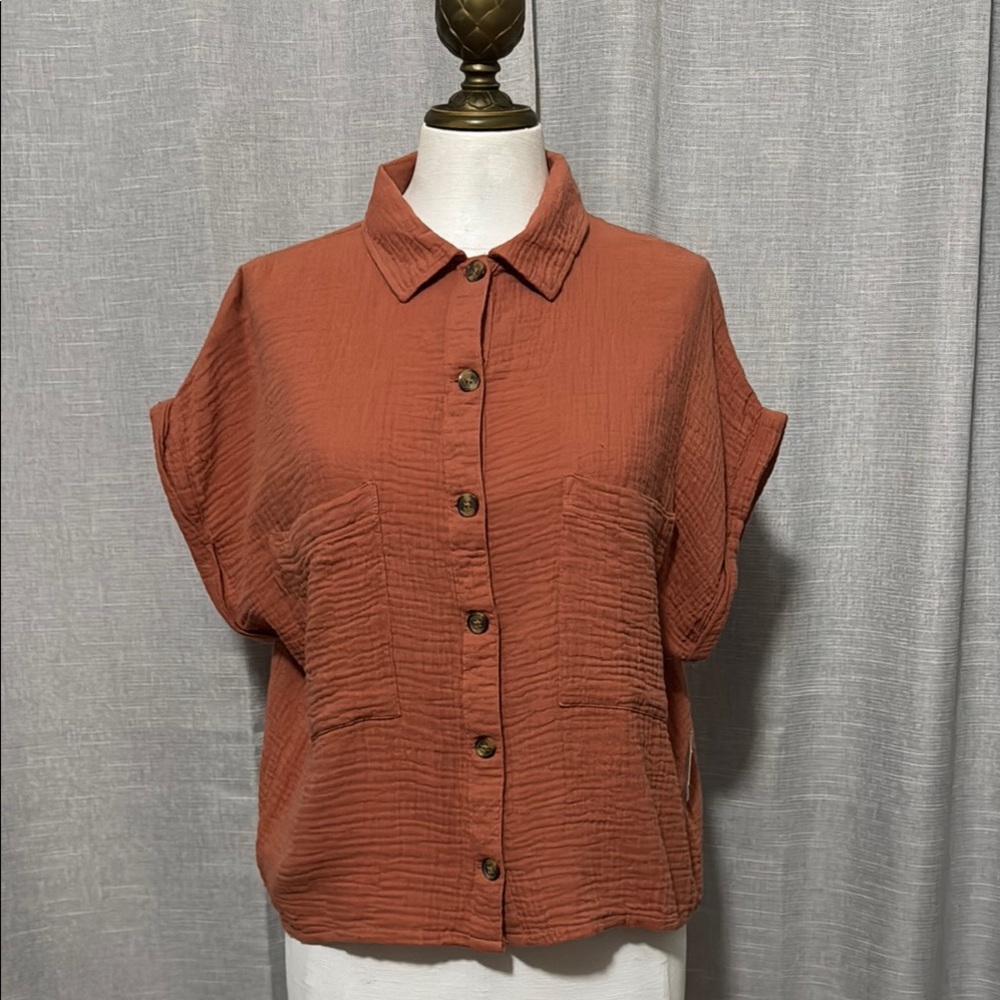 NWT SO brand Cotton Button Front Shirt-Sz M-Relaxed Boxy Fit-Rusty Orange Color - Picture 2 of 14